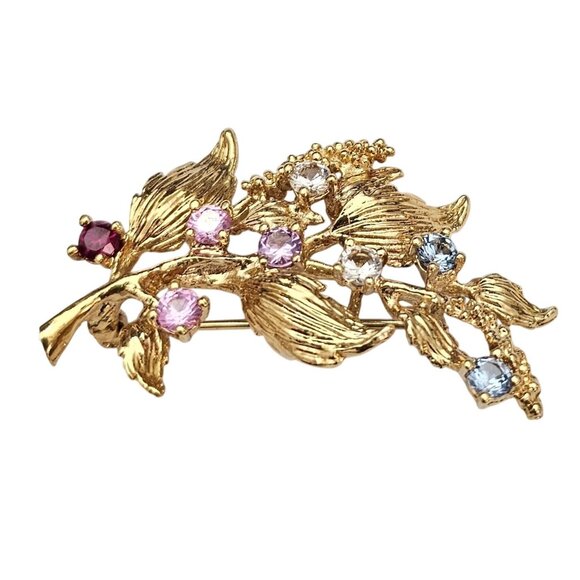 Vermeil Sterling Leaf Branch Brooch Multi Color Gem Lab Stone Pin C668 - Picture 3 of 9